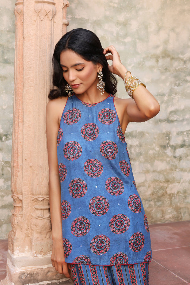 Sindh Ajrakh Set Neel