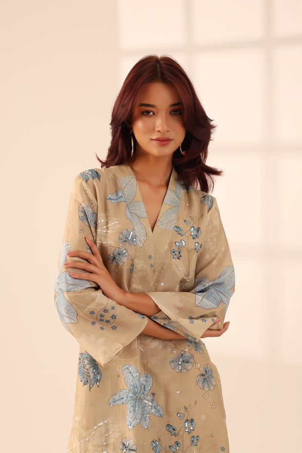 BLUE BEIGE LILY EMBROIDERED SET
