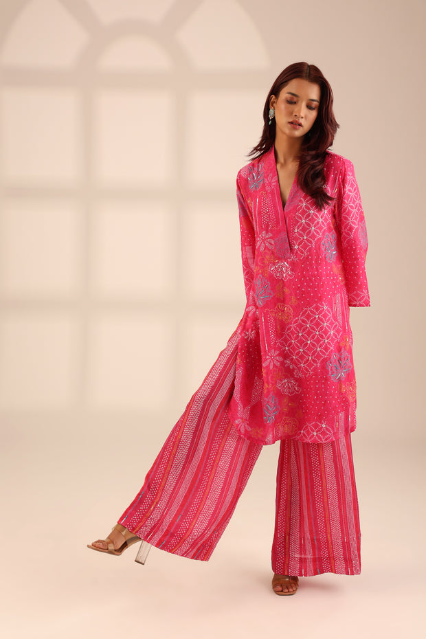 BANDHINI JHILMIL EMBROIDERED SET - RANI PINK