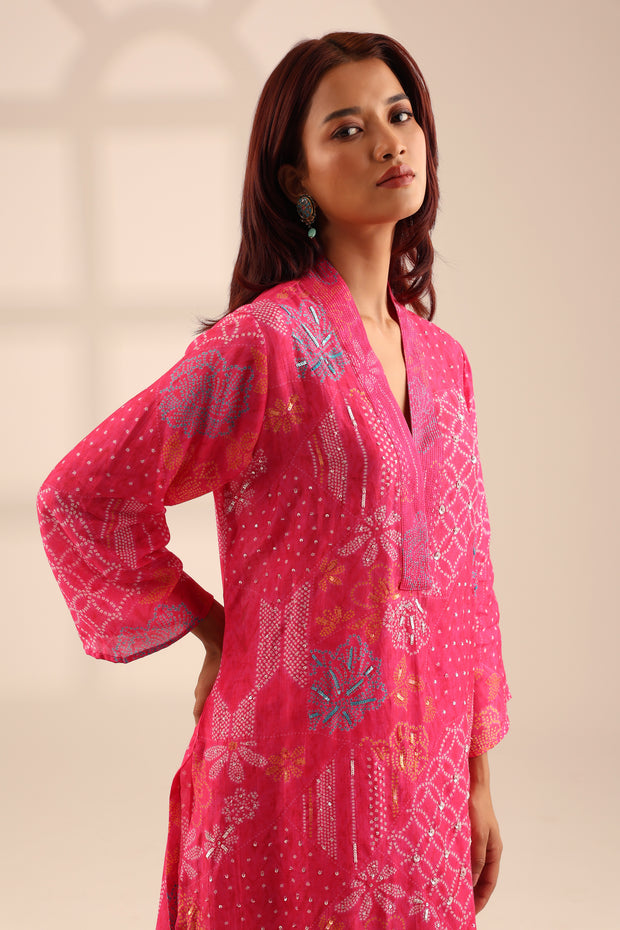 BANDHINI JHILMIL EMBROIDERED SET - RANI PINK