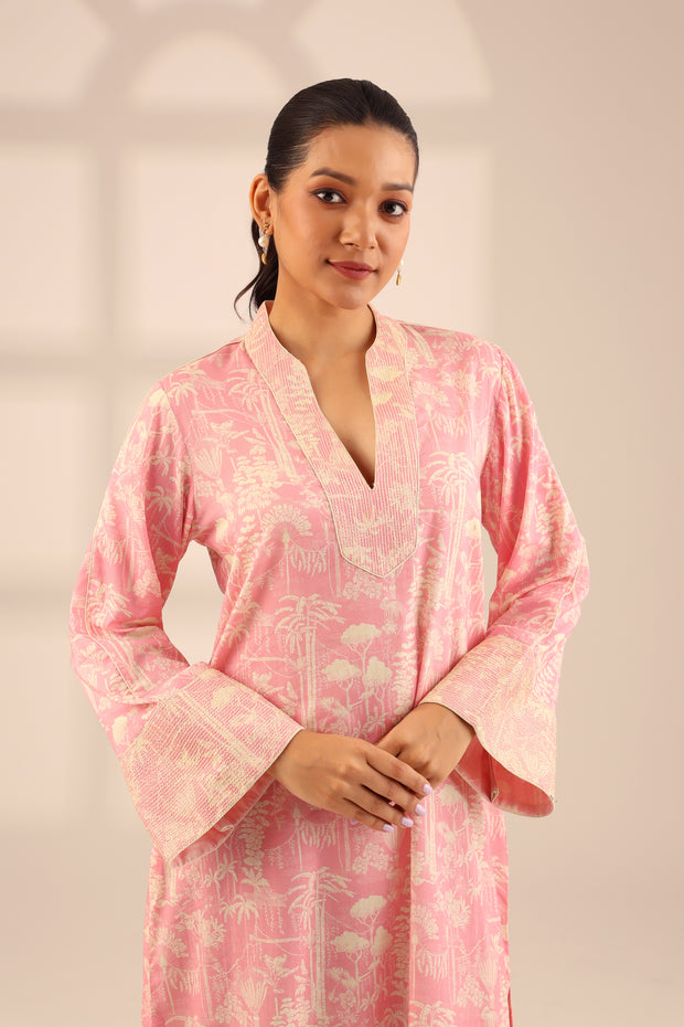 FOLIAGE COTTON LONG KURTA - PINK