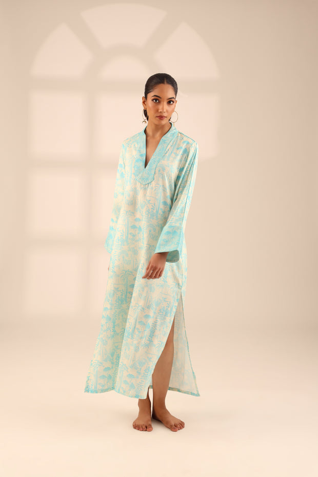 FOLIAGE COTTON LONG KURTA - BLUE