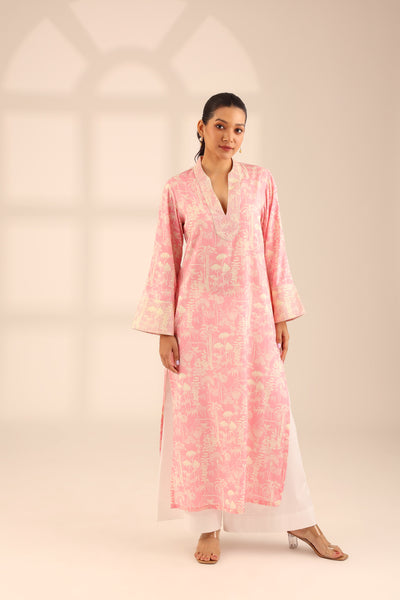 FOLIAGE COTTON LONG KURTA - PINK