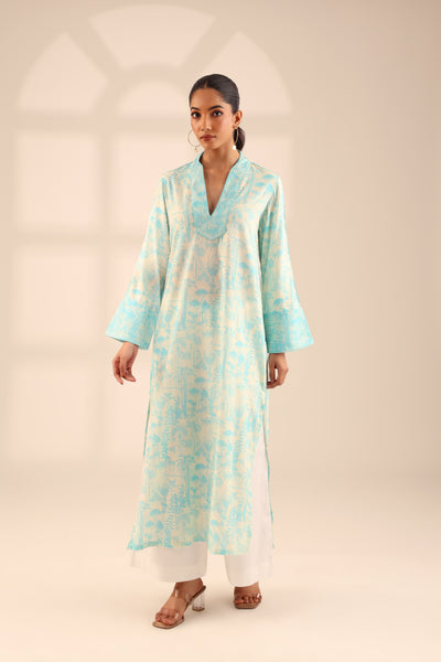 FOLIAGE COTTON LONG KURTA - BLUE