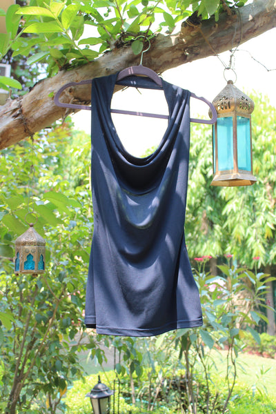 Navy Backless Cowl Neck Top