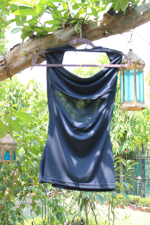 Navy Backless Cowl Neck Top