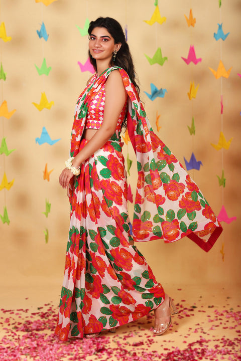 Retro White Embroidered Saree