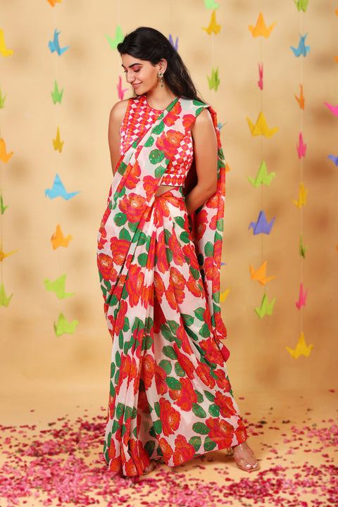 Retro White Embroidered Saree